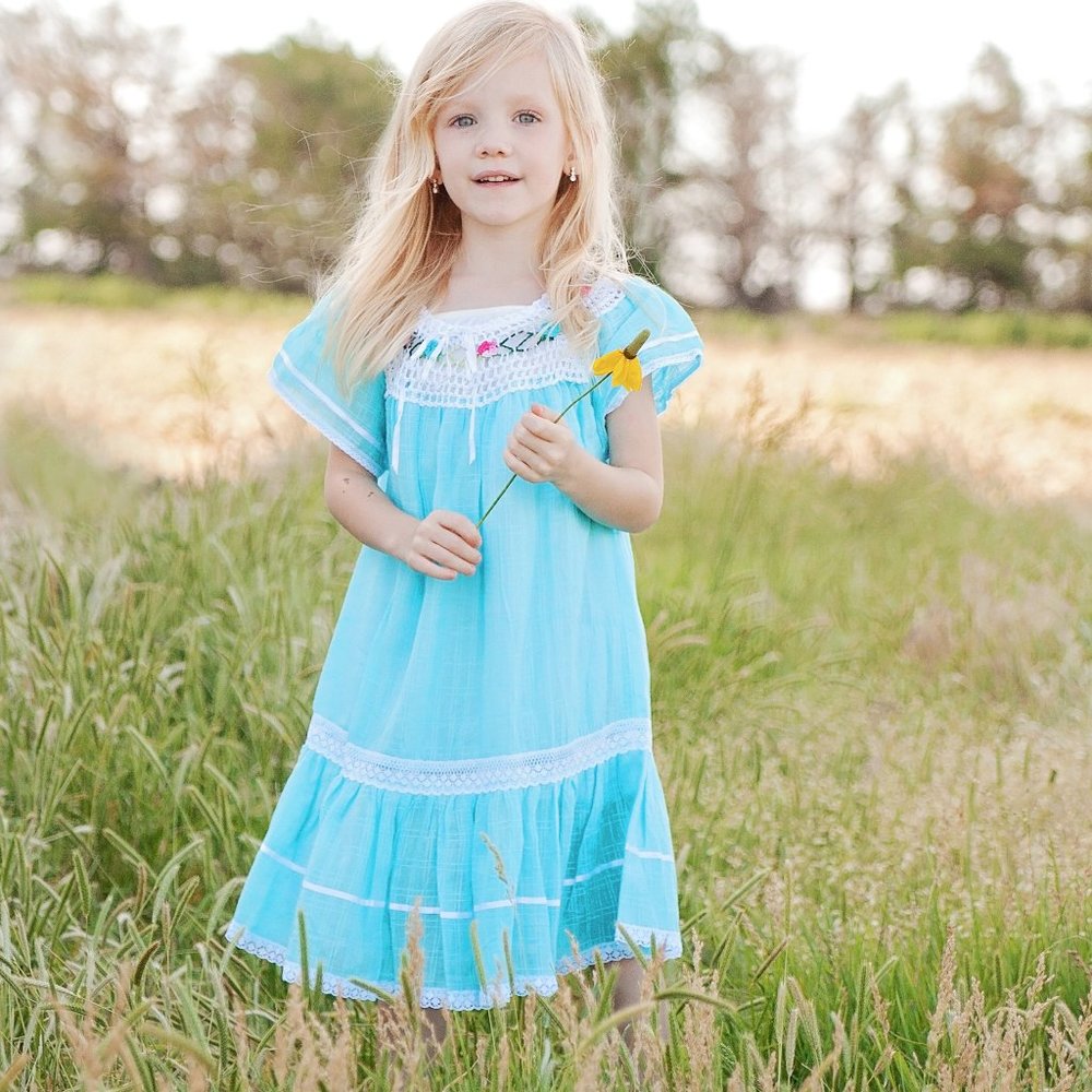 Light Blue Crochet Square Dress for Girl